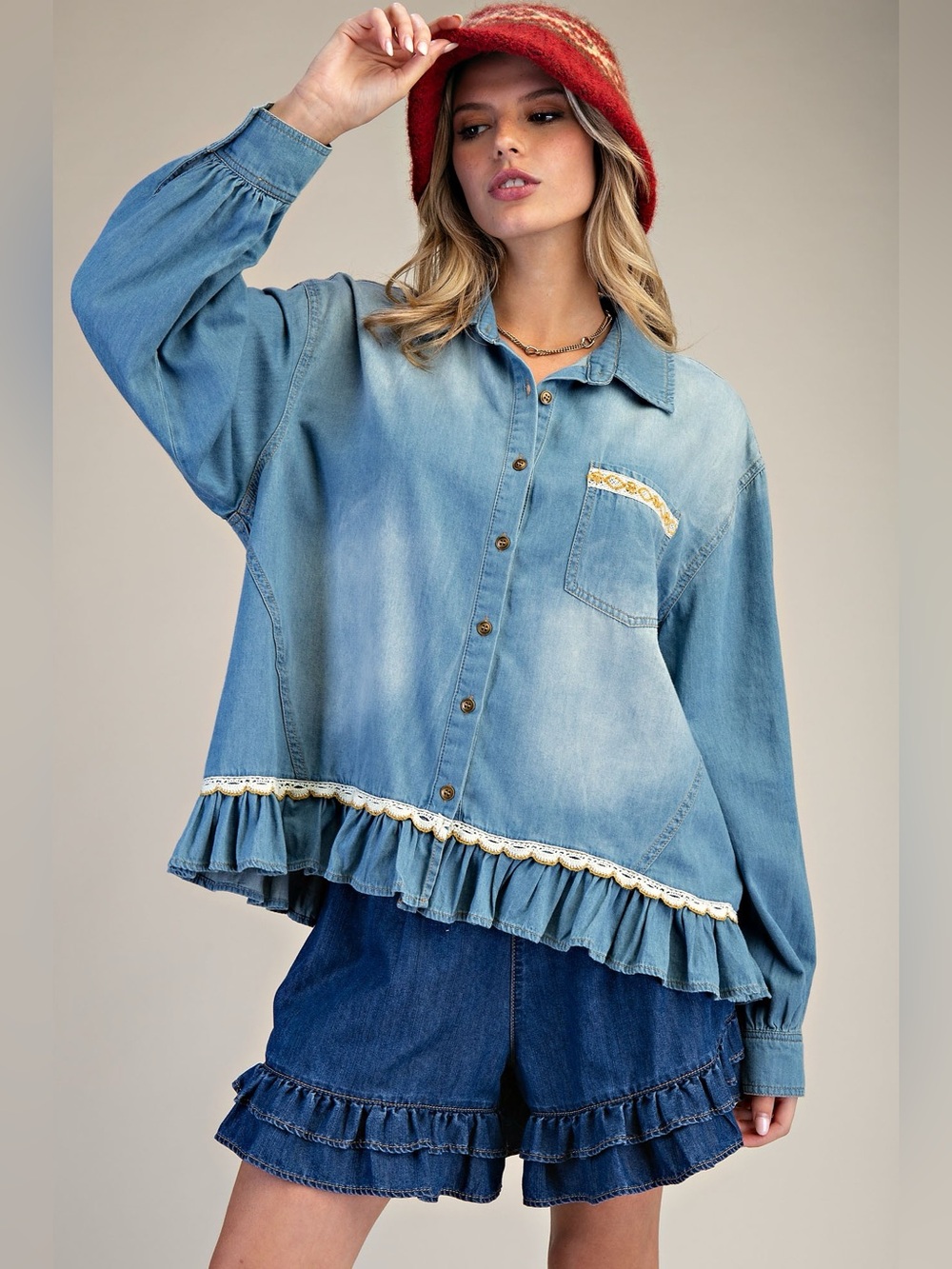 213.EASEL denim mixed fabric babydoll long sleeve button down top shacket